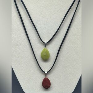 Set of 2 Natural Stone Drop Pendant Suede & Faux
Leather String Cord Necklaces